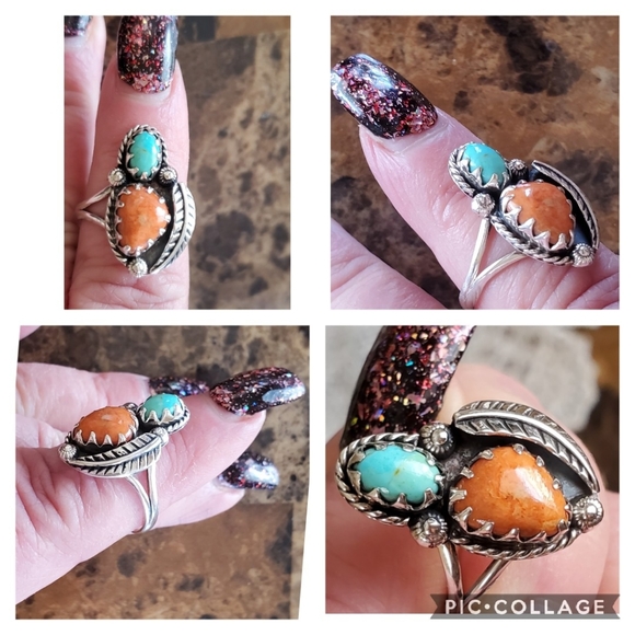 Genuine Coral & Blue Mojave Turquoise Ring 9.5 - Picture 3 of 7